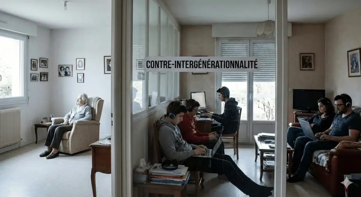 Salle divisée par une vitre : à gauche, une personne âgée seule dans un décor sobre ; à droite, des jeunes absorbés par leurs écrans dans un espace moderne. Une pancarte sur la vitre affiche « CONTRE-INTERGÉNÉRATIONNALITÉ