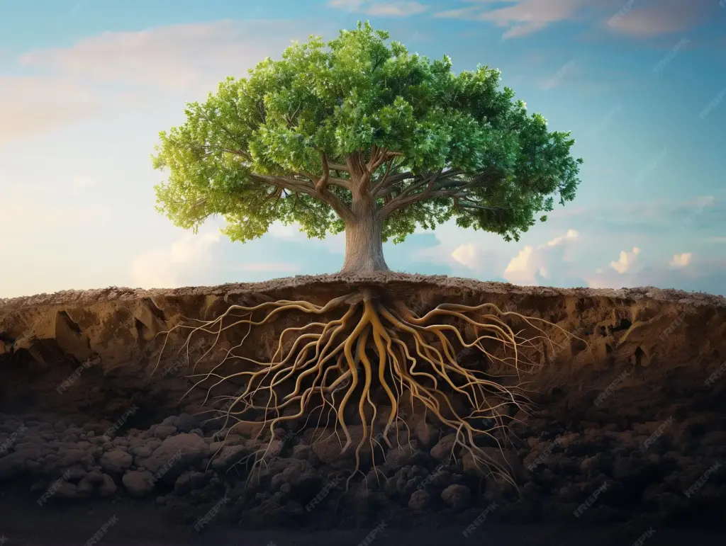 Un arbre majestueux avec ses racines apparentes, illustrant la solidité et la connexion profonde entre la nature et la terre bretonne