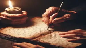 Aperçu: lMains d’un ancien et d’un jeune écrivant ensemble dans un vieux livre à la lueur d’une bougie