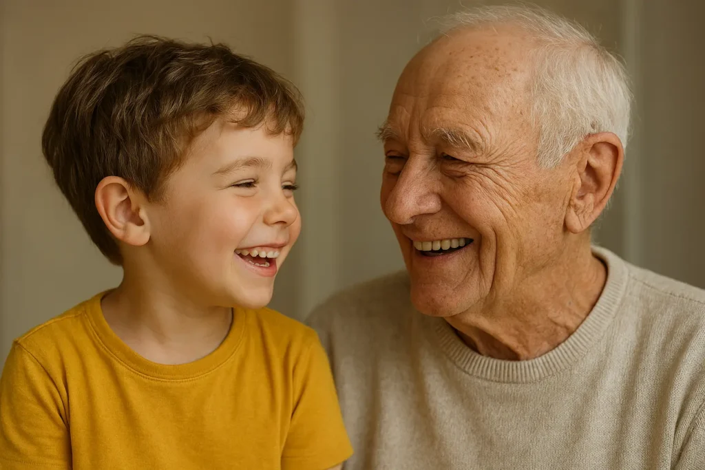 accueil un enfant et un senior qui rient ensemble
